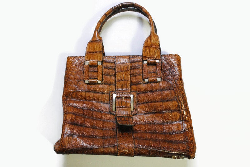 vintage JAGUAR Сrocodile Genuine Leather Bag Boston Satchel Bowler Doctor brown women's shoulder bag handbag serial authentic retro 70s 80s